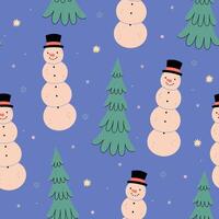 Seamless pattern with fir trees and snowmen. graphics. vector
