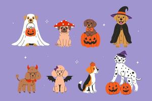Set of dogs of different breeds in Halloween costumes. graphics. vector