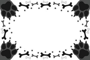 Cute pet frame animal paw prints and bone patterns. Cat or dog paws border vector