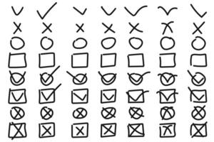 Doodle checkmark strokes and circles. Doodles sketch tick mark and confirmation icons vector