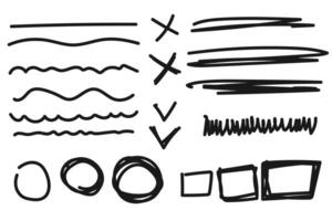 Simple handdrawn doodle wavy lines, cross marks. Doodles circles, checkmarks, squares vector