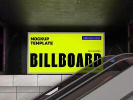 An escalator is moving down a hallway with a billboard mockup photo