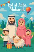 Eid al-Adha Mubarak flat poster with happy family and Eid sheep with nature background vector