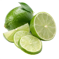 Bright Green Whole and Sliced Limes with a Leaf on Transparent Background png