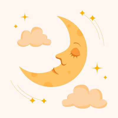 MoA charming, cute crescent moon with a smiling face, surrounded by clouds and stars. Perfect for nursery designs, kids' products, or night-themed decorations.