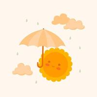 Illustration of a smiling sun holding an umbrella surrounded by cute clouds and raindrops in a soft pastel palette. Perfect for children's educational projects, weather themes, nursery, poster vector