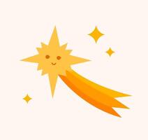 Cute smiling shooting star with a bright orange tail on a soft background. Perfect for childrens books, nursery art, invitations, or cosmic themed designs. vector