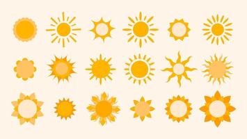 A set of different stylised sun icons in bright yellow and orange colours with unique shapes, geometric and organic elements. Ideal for summer design, weather apps, children's books, educational vector