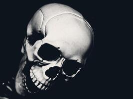 White Skull on Black Background with Grain and Space for Text in Vintage Style for Halloween Concept. photo