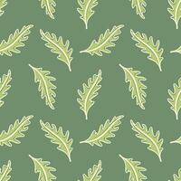 Arugula leaves pattern, leafy vegetables. Microgreen. On bright green background. vector