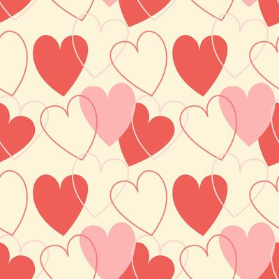 Love vibe, pattern in warm red and creme tones, wedding and Valentines day, heart silhouettes and outlines.