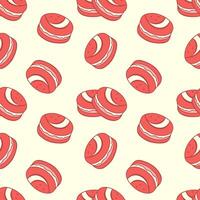 Pink macaroon pattern. Strawberry delicious cookies with cream filling. vector