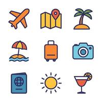 Nine travelthemed icons arranged in a square grid on a white background vector