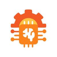 Tech symbol A lightfilled brain in a processor under orange gear with circular connections flat design illustration vector