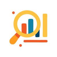 An illustration features a magnifying glass over a bar graph with additional bars and dots surrounding the graph flat design illustration vector