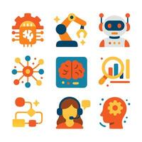 A grid of nine colorful AI related icons each distinct in design and symbolism flat design illustration vector