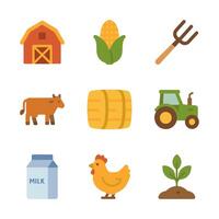 Nine colorful farm icons arranged in a grid featuring a barn corn and tractor vector