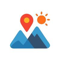 Stylized mountains with blue peaks a red location pin and a sun on a white background flat design illustration vector