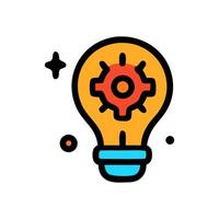 A lightbulb with a red gear inside and a blue base is set against a white backdrop accompanied by a star and two circles flat design illustration vector
