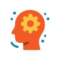 Orange head profile with yellow gear inside blue dots around head representing creative thinking or problemsolving flat design illustration vector