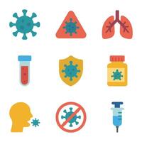 Nine icons depict viruses lungs medicines and prevention symbols in a grid format vector