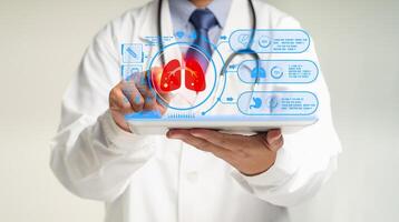 A physician in uniform reads a lung examination report on a tablet virtual display while standing in a hospital photo