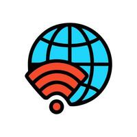Globe with Wifi Symbol A blue globe with black lines and a red wifi signal on the bottom left corner flat design illustration vector