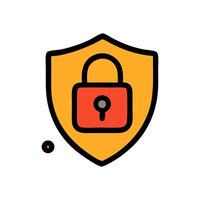 A golden shield displays a red padlock with a keyhole symbolizing security A small dot resides on the lower left flat design illustration vector