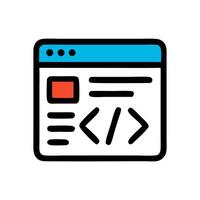 An icon depicting a stylized webpage with code symbols inside flat design illustration vector