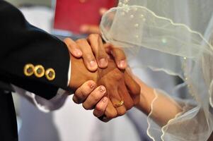 The bride and groom shake hands and swear an oath of allegiance photo
