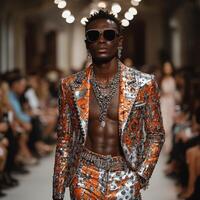 A model walks the runway wearing a suit with a silver and orange pattern photo