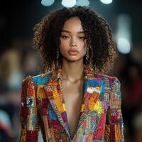A model walks the runway wearing a colorful jacket photo