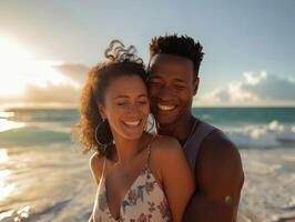 A Happy Afro American Couple Embracing Each Other on a Beach Photo. photo