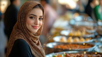 A woman wearing a headscarf is smiling at the camera photo