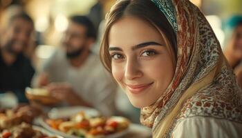 A woman wearing a headscarf is smiling at the camera. photo