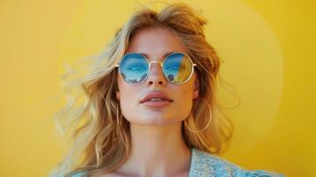Eye-catching American Female model wearing round sunglasses and a casual look photo