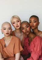 Four women with shaved heads posing together. photo