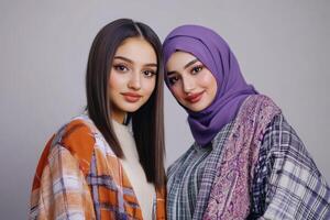 Two young women wearing hijab pose for the camera. photo
