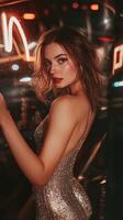 A woman in a glitter dress posing in front of a neon sign. photo