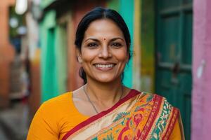 A woman in an orange sari smiling. photo