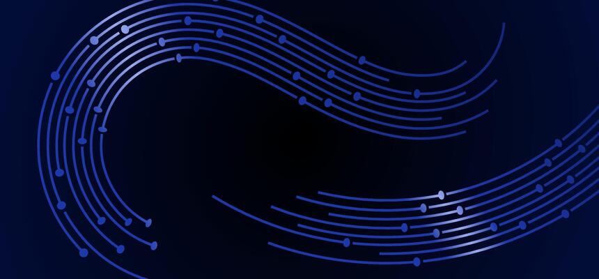 Flowing blue lines with dots connect to a central black void on a dark gradient background