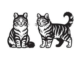 Two detailed black and white illustrations of American Curl cats, one sitting and the other standing, showcasing distinctive curled ears and playful pose. Animals. vector