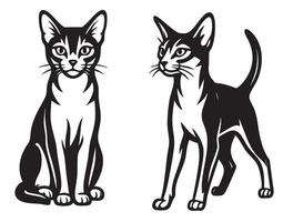 Black and white illustration of two elegant Abyssinian cats, one sitting and one standing, with sleek bodies and large ears, perfect for art and prints. vector