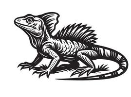 Detailed black and white of a Basilisk lizard, also known as the Jesus lizard, with distinctive crest and scales. Perfect for reptile art and designs. vector