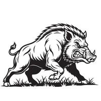 Fierce black and white of an angry wild boar charging through grass, showing sharp tusks and powerful muscles. Ideal for logos, tattoos, and designs. Animal. vector