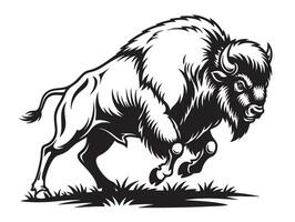 Dynamic black and white of a powerful bison in motion, charging across grass. Bold and detailed design perfect for logos, prints, and mascots. Animal. vector