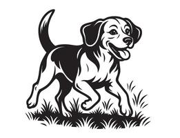 Black and white illustration of a happy Beagle dog walking on grass, with tongue out and tail up. Perfect for pet lovers, prints, and mascots. vector
