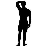 Silhouette of Standing Man in Shorts with Hand on Head vector