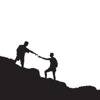 Silhouette of Two Hikers Helping Each Other on Mountain Slope vector