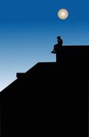 Silhouette of Man Sitting Alone on Rooftop Under Evening Sky with Moon vector